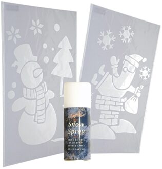 Kerst raamsjablonen - sneeuwpop en kerstman - met sneeuwspray - 54 cm Wit