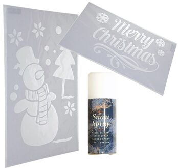 Kerst raamsjablonen - sneeuwpop en merry christmas - met sneeuwspray - 54 cm Wit