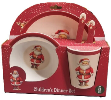 Kerst servies setje - 5-delig - met kerstman - voor kinderen - ontbijtset - kerstdiner setje Rood