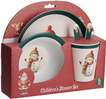 Kerst servies setje - 5-delig - met sneeuwpop - voor kinderen - ontbijtset - kerstdiner setje Rood