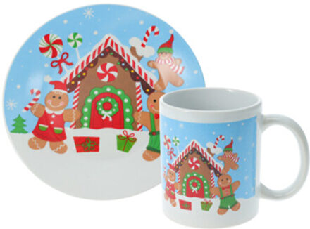 Kerst servies setje - bordjes, beker - 2-delig - blauw met kersthuis - voor kinderen Groen