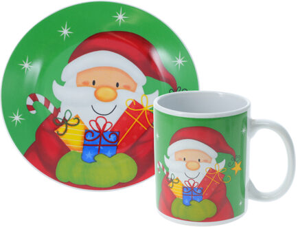 Kerst servies setje - bordjes, beker - 2-delig - groen met kerstman - voor kinderen