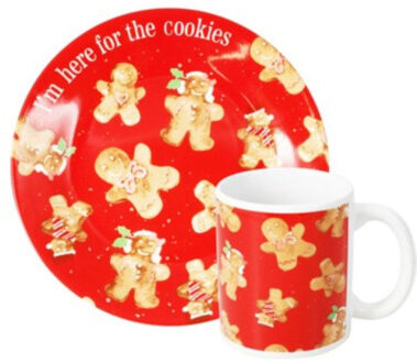 Kerst servies setje - bordjes, beker - 2-delig - rood met peperkoekenmannetje - voor kinderen