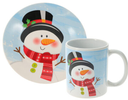 Kerst servies setje - bordjes, beker - 2-delig - wit met sneeuwpop - voor kinderen