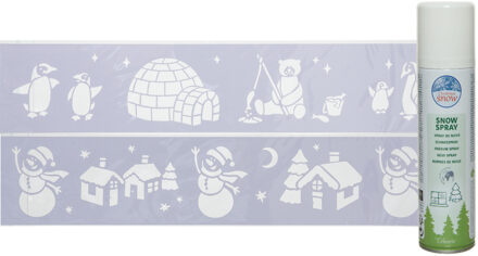 Kerst sfeer raamsjablonen met ECO spuitsneeuw - 9x stuks - 24 x 60 cm - raamdecoratie