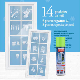 Kerst sfeer raamsjablonen met glow in the dark spuitsneeuw - 14x stuks - 39 x 29 cm - raamdecoratie