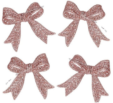 Kerst strikjes - 6x st - roze - glitter - 11 cm - kunststof - kersthangers - kerstornamenten