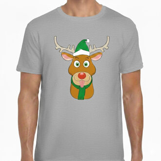 Kerst t-shirt voor heren - grijs - Rendier Rudolf - groene kerstmuts 2XL