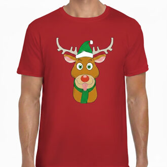 Kerst t-shirt voor heren - rood - Rendier Rudolf - groene kerstmuts S