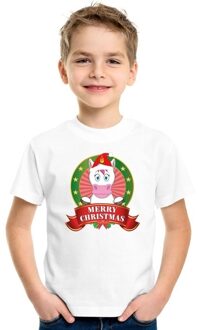 Kerst t-shirt voor kinderen met eenhoorn print - voor jongens en meisjes - wit s (122-128)