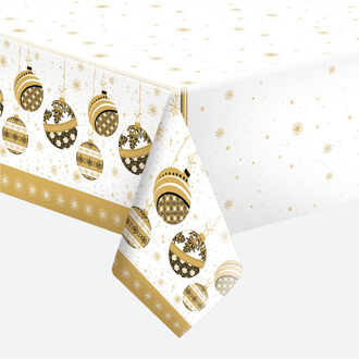 Kerst tafelkleed - 120 x 180 cm - wit/goud - papier - kerstballen print - tafellaken