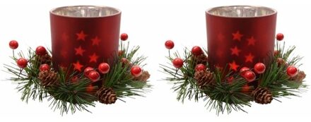 Kerst theelichthouder - 2x - rood - 8 cm - glas/kunststof - waxinelichthouder - kaarsenhouder