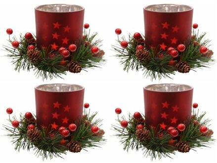 Kerst theelichthouder - 4x - rood - 8 cm - glas/kunststof - waxinelichthouder - kaarsenhouder