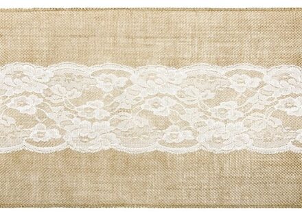 Kerst thema jute tafelloper 28 x 275 cm met wit kant Bruin