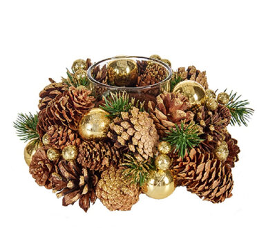 Kerst thema kaarsenhouder ornament bruin met goud nature 18 cm
