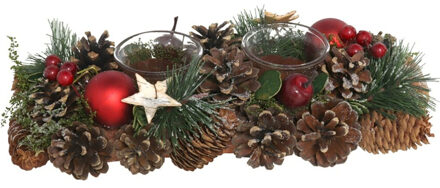 Kerst thema kaarsenhouder ornament red/green nature 30 x 15 x 8 cm - Waxinelichtjeshouders Multikleur