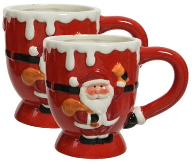 Kerst thema mok - 2x - rood - kerstman - keramiek - 13 x 9 x 10,5 cm - beker
