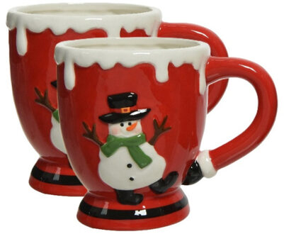Kerst thema mok - 2x - rood - sneeuwpop - keramiek - 13 x 9 x 10,5 cm - beker