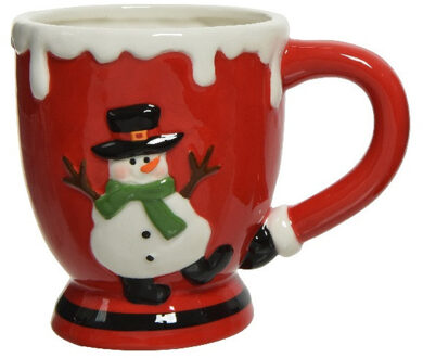 Kerst thema mok - rood - sneeuwpop - keramiek - 13 x 9 x 10,5 cm - beker