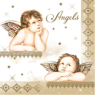 kerst thema servetten - 20x st - 33 x 33 cm - engelen - wit/goud Goudkleurig