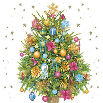 kerst thema servetten - 20x st - 33 x 33 cm - versierde kerstboom - papier Multi