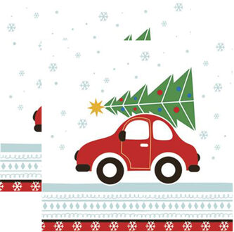 kerst thema servetten - 40x st - 33 x 33 cm - auto met kerstboom - papier