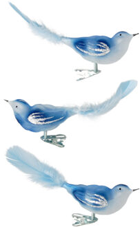 Kerst vogels - 3x stuks - op clip - blauw - 11 cm - glass - kerstversiering vogeltjes