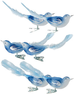 Kerst vogels - 6x stuks - op clip - blauw - 11 cm - glass - kerstversiering vogeltjes