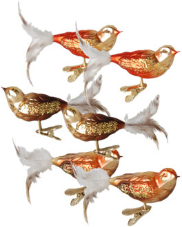Kerst vogels - 6x stuks - op clip - bruin tinten - 11 cm - glas - decoratievogeltjes - kerstvogels