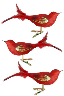 Kerst vogeltjes - op clip - 3x st - rood - 11 cm - glas - glazen kerstornamenten - vogeltjes