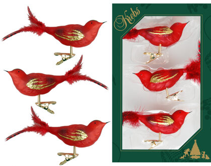 Kerst vogeltjes - op clip - 6x st - rood - 11 cm - glas - glazen kerstornamenten - vogeltjes
