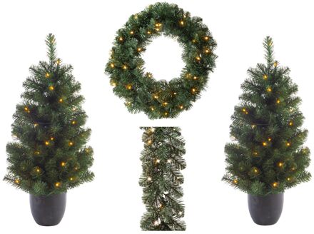 Kerst voordeur versiering kerstbomen, kerstkrans en dennenslinger set met licht - Kunstkerstboom Groen