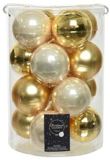 Kerstbal glas d8 cm parel/goud 16st kerst Geel