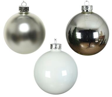 Kerstbal glas d8 cm wit/zlvr ass 16st kerst