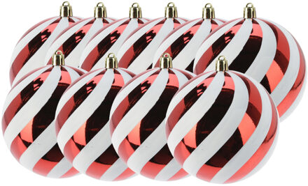 Kerstballen - 10x stuks - 8 cm - rood/wit - strepen - kunststof - kerstversiering