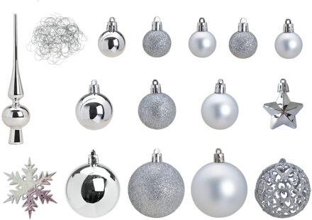 Kerstballen - 110 stuks - zilver - inclusief piek - kunststof - set - Kerstbal Zilverkleurig