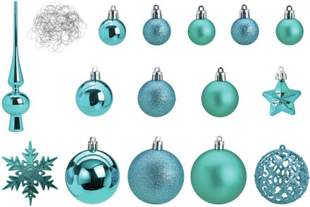 Kerstballen - 110x stuks - met piek - turquoise - kunststof - 3-6 cm - Kerstbal Blauw