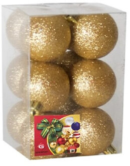 Kerstballen - 12 ST - goud - kunststof - glitters - D6 cm - Kerstbal Goudkleurig