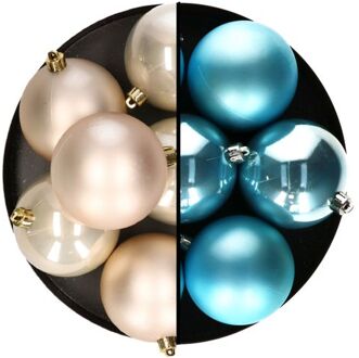 kerstballen - 12x st - 8 cm - champagne en blauw - kunststof - Kerstbal