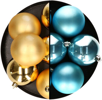 kerstballen - 12x st - 8 cm - goud en blauw - kunststof - Kerstbal