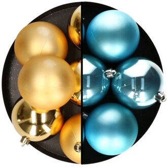 kerstballen - 12x st - 8 cm - goud en blauw - kunststof - Kerstbal