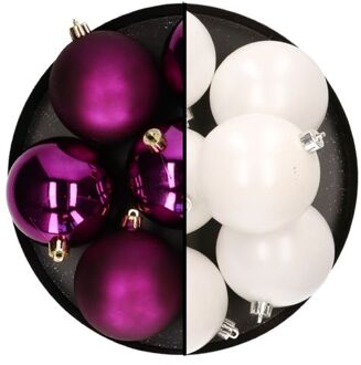 kerstballen - 12x st - 8 cm - wit en paars - kunststof - Kerstbal