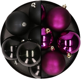 kerstballen - 12x st - 8 cm - zwart en paars - kunststof - Kerstbal