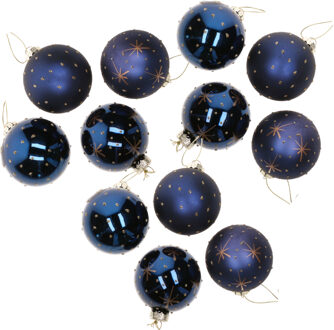 Kerstballen - 12x st - blauw - D6 cm - glas - gedecoreerd - luxe