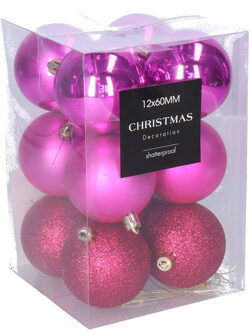 Kerstballen - 12x stuks - 6 cm - fuchsia roze - kunststof - mix - kerstversiering
