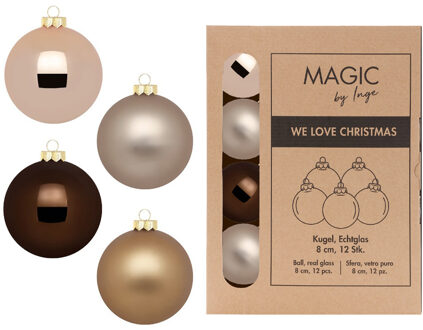 Kerstballen - 12x stuks - bruin tinten - elegant lounge - glas - 8 cm