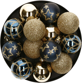 Kerstballen - 15st - kunststof - goud-blauw - 5 cm - Kerstbal Multikleur