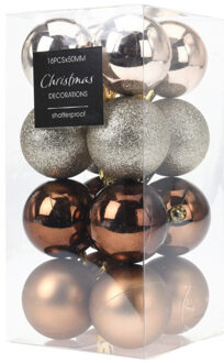 Kerstballen - 16x st - bruin/champagne - D5 cm - kunststof - kerstversiering