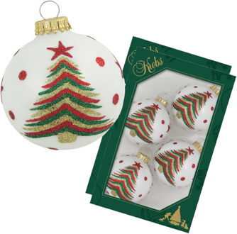 Kerstballen - 16x stuks - wit met kerstboom - glas - 7 cm