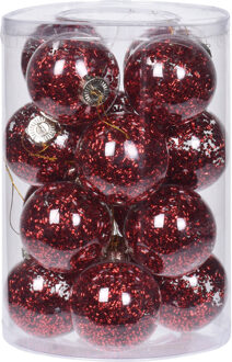 Kerstballen - 16x- transparant met rood glitter - 8 cm - kunststof - Kerstbal